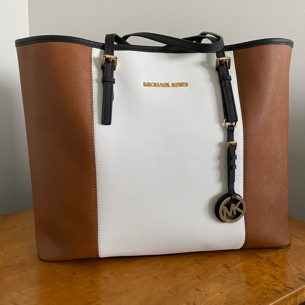 Michael Kors Jet Set Travel XL Brown/White Center-Stripe Tote Luggage Handbag